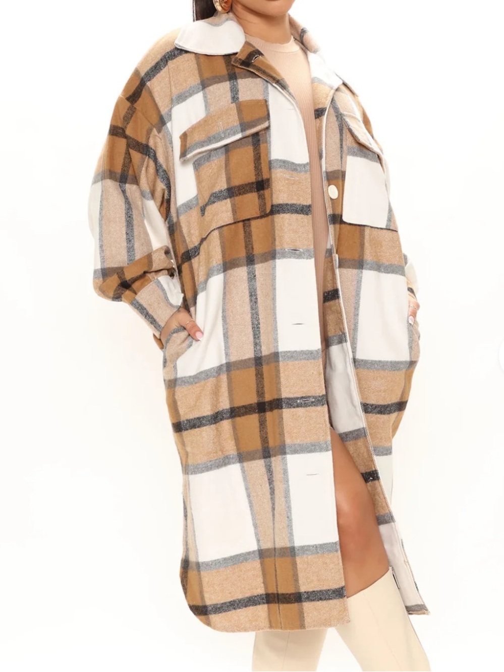 NWT Fashion Nova 3X Plaid Shacket Coat in Tan & White